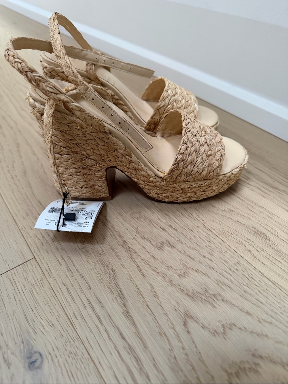 Mango Natural Woven Raffia Platform Slingback Heel Sandal
